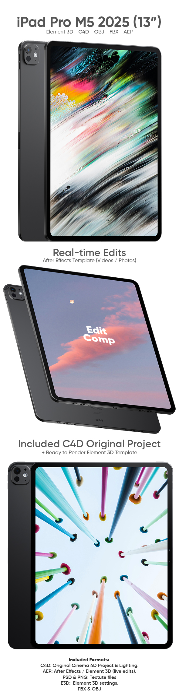 iPad Pro M5 2025 3D Model for Element 3D & Cinema 4D