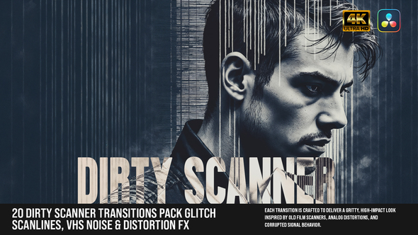 20-Dirty Scanner Transitions Pack – Glitch Scanlines, VHS Noise & Distortion FX For DaVinci Resolve