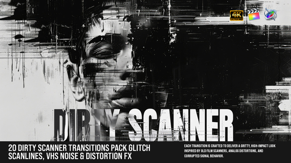 20-Dirty Scanner Transitions Pack – Glitch Scanlines, VHS Noise & Distortion FX For FCPX