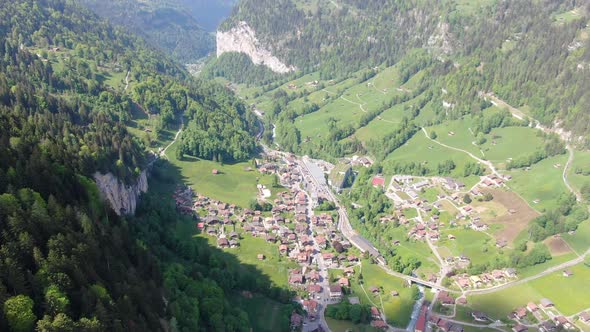 Flight over Lauterbrunnen village in Bernese Alps, Switzerland, Europe