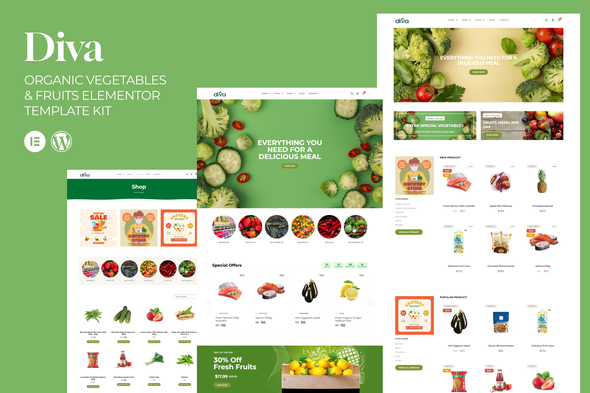 Diva - Organic Vegetables & Fruits Elementor Template Kit