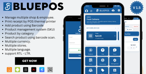 BluePOS - Android POS (SaaS, Offline/Online, Multi-Store, Role Access, API, Bluetooth Printer)