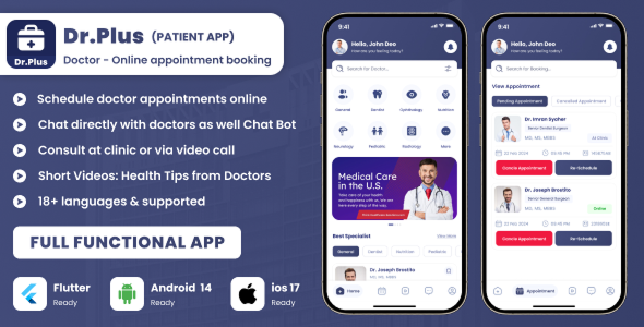 Dr.Plus – Online Doctor Appointment Booking | Chat Video Call, At-Clinic – Android, iOS, Web, Admin