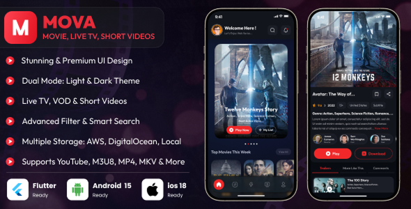 Mova - Movies, Web Series & Live TV App | Android, iOS, Web Version | Flutter + Admin Panel