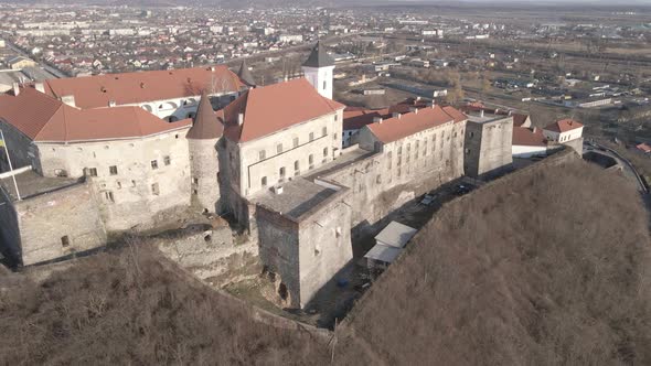 Aerial View From a Drone to Palanok Castle in Mukachevo