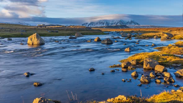 Sliding Camera Time Lapse of River with Mountains