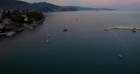 Yachts at Sunset in the Exotic Lagoon of Portofino, Italy - Aerial