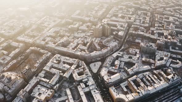 Aerial View of Old City Center During Sunny Winter Day