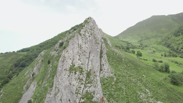 Green mountainous and rocky valley in Asturias, Spain. Aerial view. Foces del pino