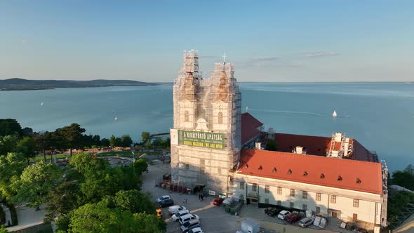 Aerial view of Tihany village overlooking Lake Balaton in Hungary