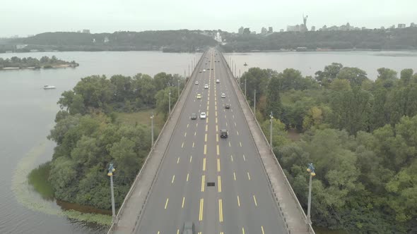Paton Bridge Across the Dnipro River in Kyiv, Ukraine. Aerial View