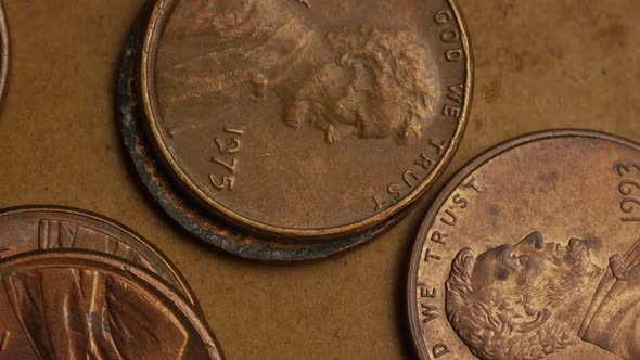 Rotating stock footage shot of American pennies (coin - $0.01) - MONEY 0166