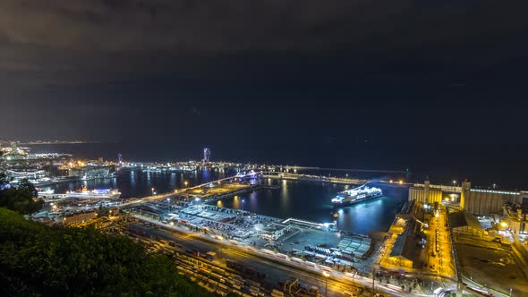 Night Skyline From Montjuic with Port Vell Timelapse Barcelona Catalonia Spain