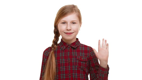 Cute Beautiful Elementaryschool Aged Girl with Plait of Hair Standing on White Background Waving