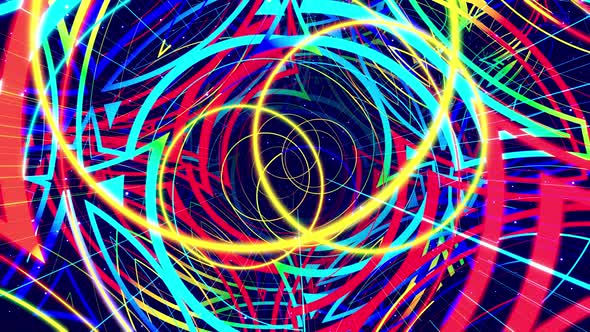 Modern Motion Design Vj Loop Bg Flying Through the Art Space From Glowing Circles Lines with Neon