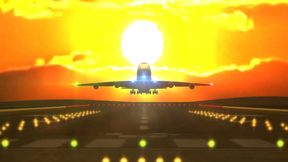 Big Airplane Landing against Orange Sunset