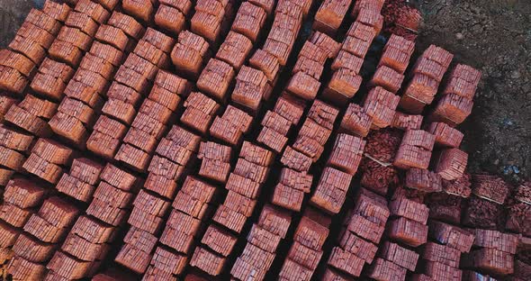 Pallets of bricks for construction. Outdoor storage. Warehousing of large quantities of bricks. Aeri