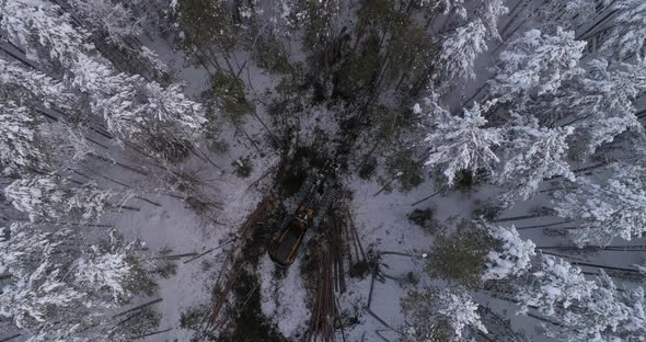 Top down Aerial view of harvester logging a trees in the winter forest 38
