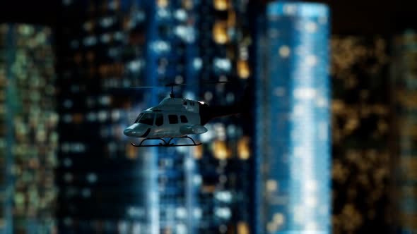 Slow Motion Helicopter Near Skyscrapers at Night