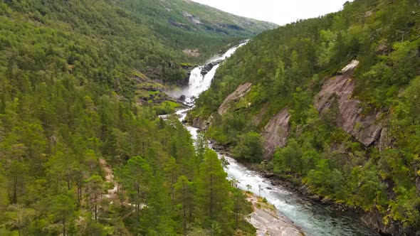 Nyastolfossen falls, waterfall in Husedalen valley, Kinsarvik, Norway