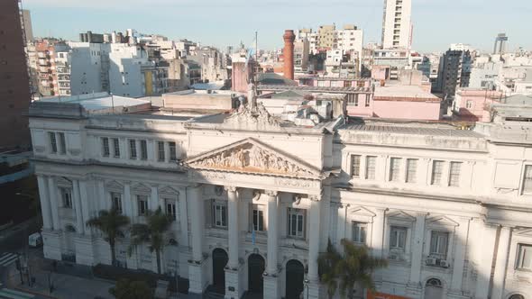 Aerial rising over the Faculty of Economic Sciences, part of the famous University of Buenos Aires