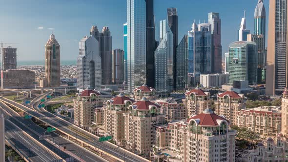 Aerial View of Skyscrapers and Road Junction in Dubai Timelapse