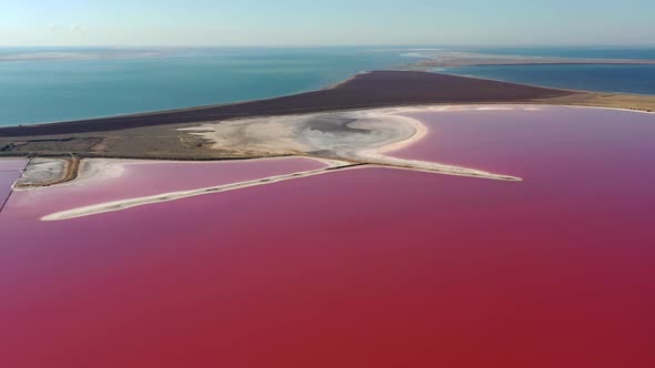 Beautiful top view of the salty, pink lake, Beautiful pink sunrise