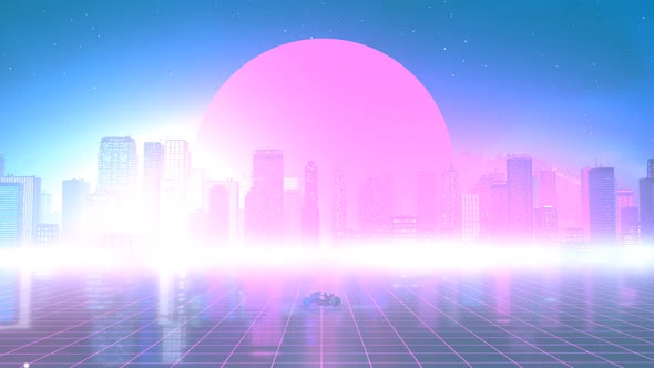 Outrun Grid Animation Loop with Motorbike and city skyline