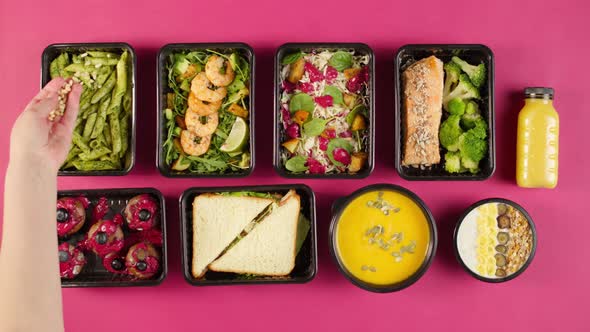 Food Delivery Top View Take Away Meals in Disposable Containers on Pink Background