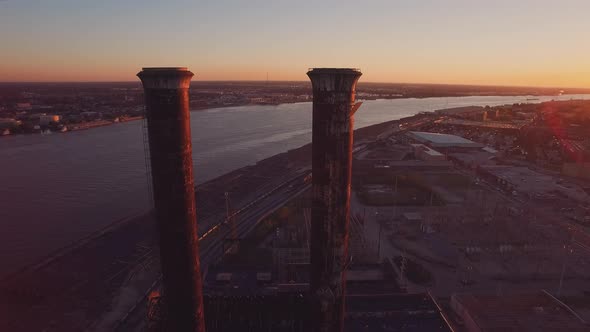 Old Smoke Stacks At Sunset