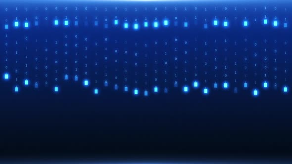 Binary code blue background with digits moving on screen.