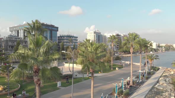 Limassol's boulevard with palmtrees, Cyprus - 4K Aerial View