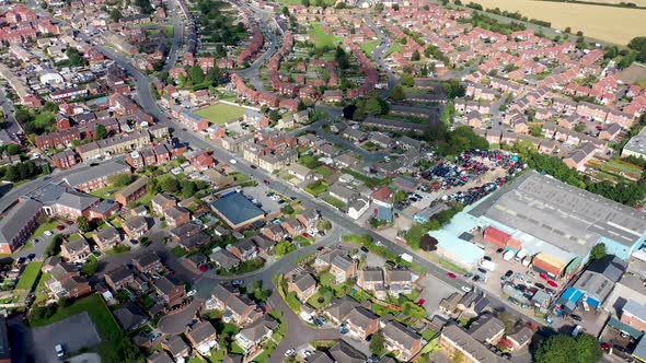 Aerial footage of the British town of Ossett, a market town in the UK