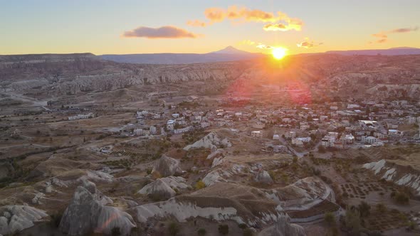 Sun Over Goreme. Cappadocia, Turkey. Aerial View