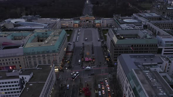 AERIAL: Slow Pan Up Revealing Brandenburger Tor on Sunset in Berlin, Germany 