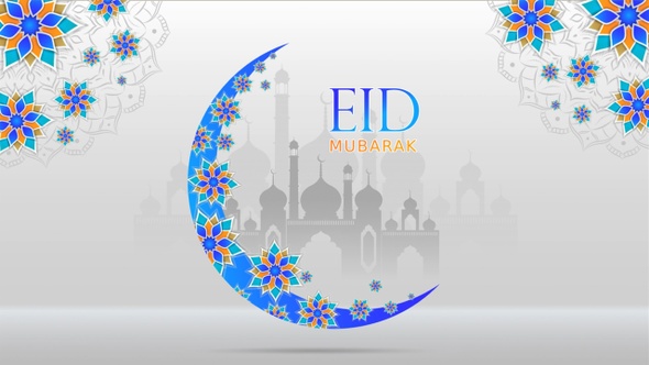 Eid Mubarak Greeting Background with Floral Moon and Masjid
