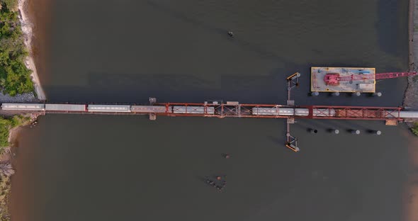 Birds eye view of train traveling over the  Calcasieu River in Lake Charles, Louisiana