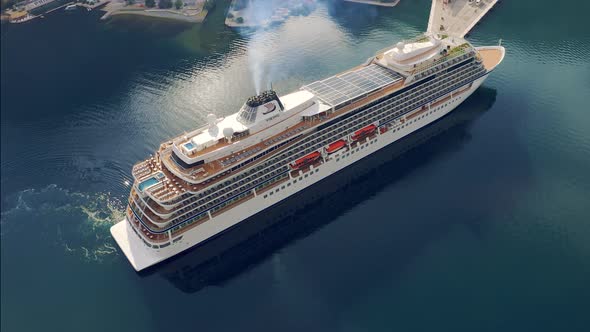 Top Aerial View of the Big Cruise Ship in Kotor Montenegro