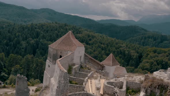 Drone shot of Rasnov city, Brasov County, Transylvania, Romania