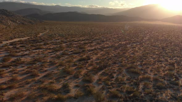 Aerial Rise of Desert Valley in Anza Borrego State Park During Sunset