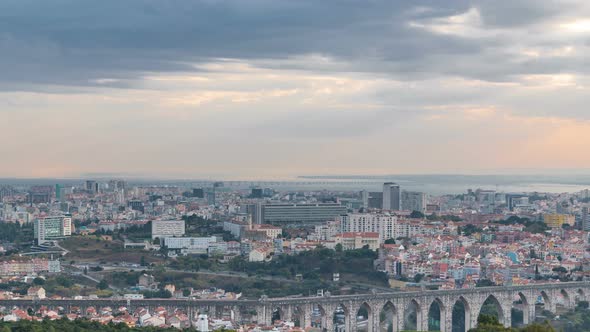 Panoramic View During Sunrise Over Lisbon and Almada From a Viewpoint in Monsanto Morning Timelapse