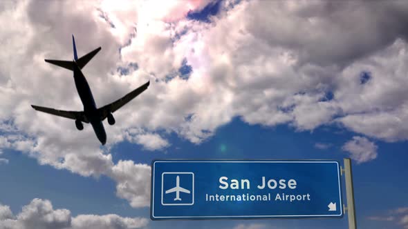 Airplane landing at San Jose California, Costa Rica airport