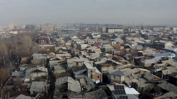 Aerial view buildings in soviet style town in eastern Asia. 
