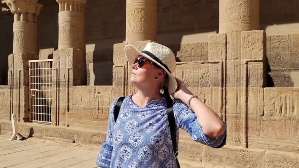 Beautiful Woman Tourist in Philae Temple Complex