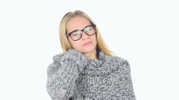 Tired Woman with Neck Pain White Background