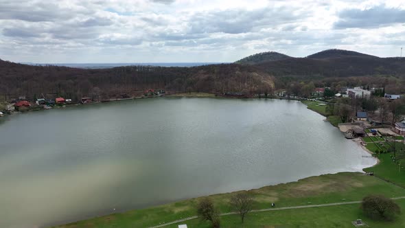 Aerial view of a lake in the village of Vinne in Slovakia