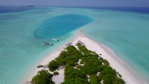 Drone view tourism of tropical shore beach by ocean with sand background