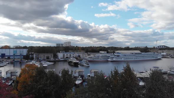 The Camera Flies Over the Yacht Club on a Summer Day