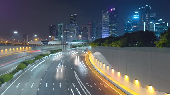 Traffic view with background Singapore landmark financial business district with skyscraper,