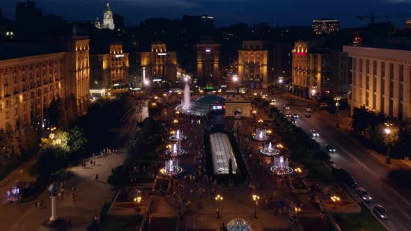 Aerial Flying Drone View of Night Kiev City Center